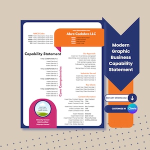 May include: A blue and orange graphic design template for a business capability statement. The template includes a company logo, contact information, and a list of core competencies. The text "Modern Graphic Business Capability Statement" is displayed in a large font.