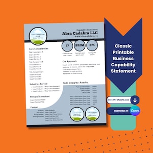 Peut inclure: Un modèle de déclaration de capacité d'entreprise imprimable bleu et blanc avec le titre "Abra Cadabra LLC" et le slogan "www.abracadabra.xyz". Le modèle comprend des sections pour les compétences de base, les industries desservies, le consultant principal, les coordonnées et les compétences, l'intégrité et les résultats. Le modèle comprend également un appel à l'action pour "TÉLÉCHARGER INSTANTANÉMENT" et "PERSONNALISER DANS Canva".