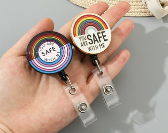 Badge Reel Card Holder Lanyard Nurse Teacher Counselor LGBTQ+ Pride Keychain LGBT Pride Ally You Are Safe With Me Badge Reel