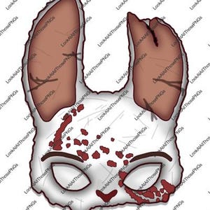 Może przedstawiać: Biała maska królika z dużymi brązowymi uszami i ciemnobrązowymi obrysami oczu. Maska ma czerwone plamy i smugi, sugerujące motyw horroru. Tekst "LookAtAllThosePNGs" powtarza się na krawędziach.