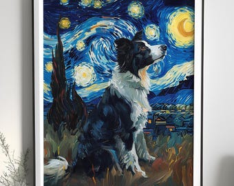 Border Collie Dog Starry Night Canvas Wall Art Prints, Dog Art Canvas Painting Poster Pet Canvas Painting Puppy Artwork 8x12 Inches