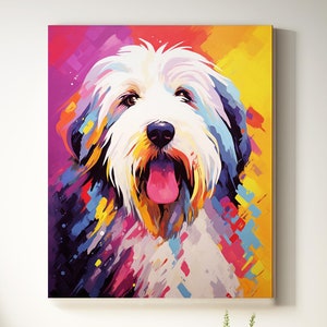 Old English Sheepdog Presenter Pop Art-tryck, Sheepdog-kanvas, digital fil, Sheepdog-affischkonst, Sheepdog-målning, hundväggkonst, födelsedagspresenter