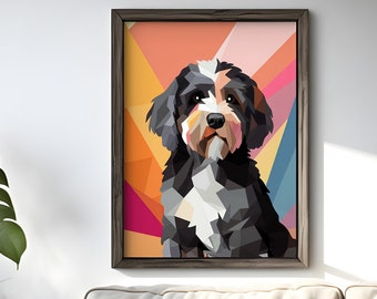 Könnte beinhalten: Ein gerahmter Druck eines Hundes im geometrischen Low-Poly-Stil. Der Hund ist schwarz, weiß und braun und sitzt auf einem bunten Hintergrund mit orange, gelb, rosa und blauen Farbtönen.