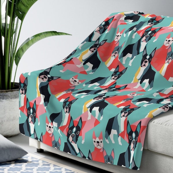 Flower Boston Terrier Pattern Print Hooded Blanket