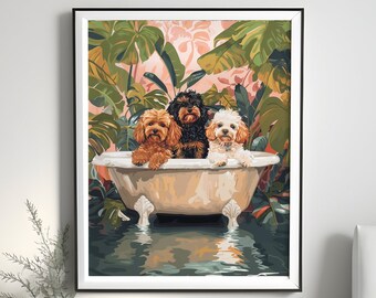 May include: A framed art print depicts four small dogs of varying colors in a vintage bathtub. The dogs are surrounded by lush green foliage and a pink floral background, creating a whimsical and artistic scene.