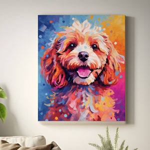 Peut inclure: Une impression sur toile colorée d'un chien souriant. L'œuvre d'art présente une palette vibrante d'orange, de rose, de bleu et de jaune, créant une esthétique joyeuse. Le pelage du chien est rendu avec des coups de pinceau texturés.