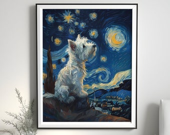 May include: A white West Highland White Terrier dog looking up at a starry night sky with a swirling blue and yellow sky. The dog is sitting on a hill with a small town in the distance.