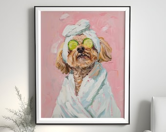 May include: A painting of a dog wearing a white bathrobe and cucumber slices over its eyes. The dog is on a pink background.