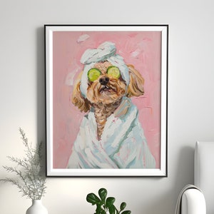 May include: A painting of a dog wearing a white bathrobe and cucumber slices over its eyes. The dog is on a pink background.
