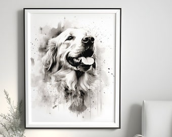 Regalos de Golden Retriever, impresiones de acuarela de Retriever, lienzo de Golden Retriever, archivo digital, póster de Retriever, arte de pared de perro en blanco y negro