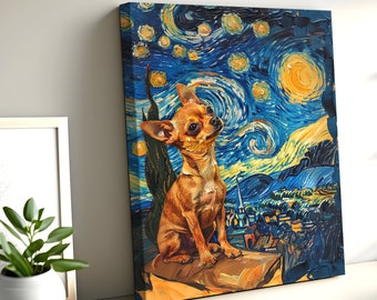 Chihuahua-sterrennachtkunstprint, hondenportret, Van Gogh-stijl