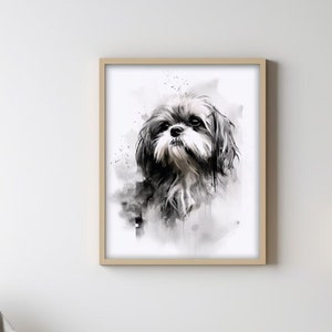 May include: A framed watercolor print of a Shih Tzu dog in black and white. The artwork features a soft, painterly style with expressive brushstrokes. The dog's fur and features are detailed, creating a charming pet portrait. The frame is a light wood color.