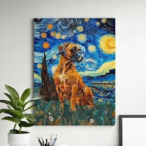 Boxer Dog Gifts, Starry Night Inspired Art, Boxer Prints, Boxer Canvas, Digital File, Boxer Poster Painting Art, Dog Wall Art