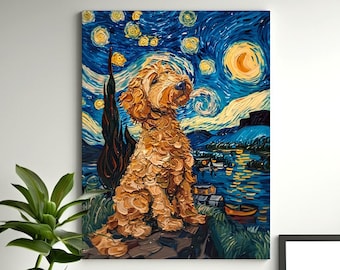 May include: A painting of a golden doodle dog in a starry night landscape. The dog is sitting on a grassy hill, looking up at the sky. The sky is filled with swirling clouds and stars, and there is a bright moon in the upper right corner of the painting.
