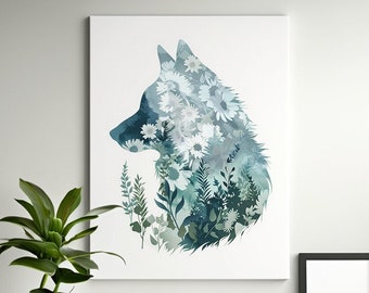 Husky Dog Watercolor Print: Floral Husky Canvas Art (Digital File)