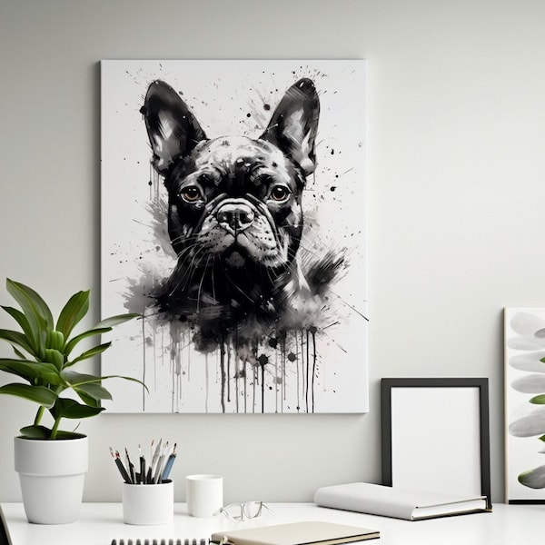 French Bulldog Gift, Frenchie Dog Watercolor Prints, Frenchie Canvas, Digital File, Frenchie Poster, Black and White Dog Wall Art