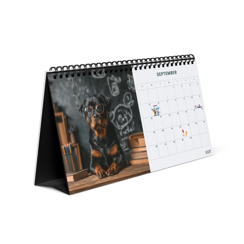 K&ouml;nnte beinhalten: Ein Tischkalender mit schwarzer Spiralbindung, der auf der linken Seite einen Rottweiler mit Brille und auf der rechten Seite ein September-Kalenderblatt zeigt. Der Hund sitzt auf einem Holztisch mit Stiften und B&uuml;chern neben sich.