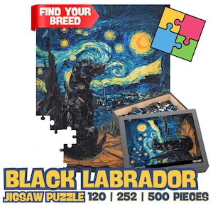 Black Labrador Dog Jigsaw Puzzle, Labrador Gifts, Starry Night Inspired, 120 / 252 / 500 Pieces, Perfect Gifts-for Adults, Kids, Dog Lovers