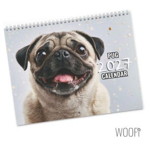 May include: A spiral-bound wall calendar featuring a close-up photograph of a fawn-colored pug with a black muzzle and dark ears. The background is a light gray with gold confetti accents. The text reads PUG 2027 CALENDAR in black and white.
