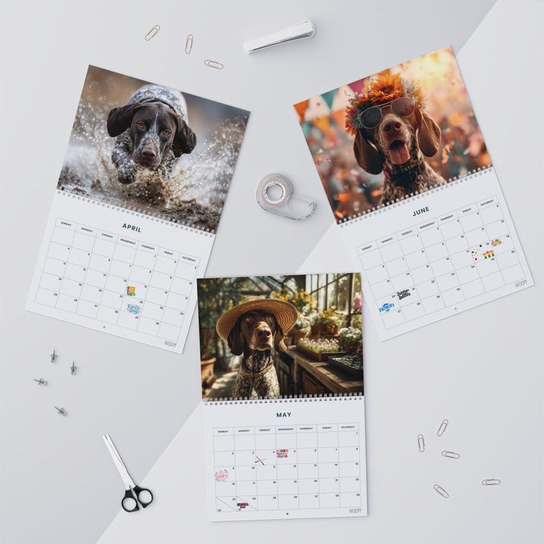 May include: Three wall calendar pages for April, May, and June featuring German Shorthaired Pointer dogs. The April page shows a dog splashing in water, May shows a dog wearing a straw hat, and June shows a dog wearing sunglasses and a flower crown.