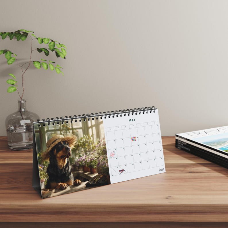 K&ouml;nnte beinhalten: Ein Tischkalender f&uuml;r den Monat Mai mit einer Spiralbindung an der Oberseite. Die linke Seite zeigt ein Foto eines schwarz-braunen Hundes mit einem Strohhut in einem Gew&auml;chshaus, w&auml;hrend die rechte Seite ein Kalenderraster f&uuml;r Mai darstellt.