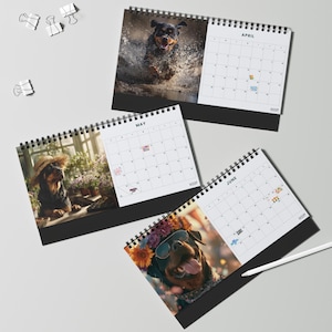 K&ouml;nnte beinhalten: Drei spiralgebundene Tischkalender mit Rottweiler-Fotografien f&uuml;r April, Mai und Juni. Jede Seite zeigt ein Monatsraster mit kleinen Symbolen und dem Text WOOF! in der Ecke. Ein wei&szlig;er Eingabestift liegt neben der Kalenderseite f&uuml;r Juni.