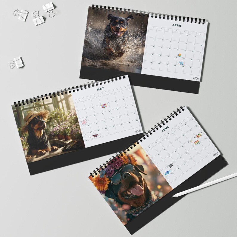 K&ouml;nnte beinhalten: Drei spiralgebundene Tischkalender mit Rottweiler-Fotografien f&uuml;r April, Mai und Juni. Jede Seite zeigt ein Monatsraster mit kleinen Symbolen und dem Text WOOF! in der Ecke. Ein wei&szlig;er Eingabestift liegt neben der Kalenderseite f&uuml;r Juni.