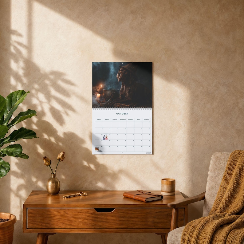 May include: A wall calendar featuring a dark, atmospheric image of a figure in a hat near a candlelit pot for the month of October. The calendar has a white grid with black text, a spiral binding at the top, and small icons on specific dates.
