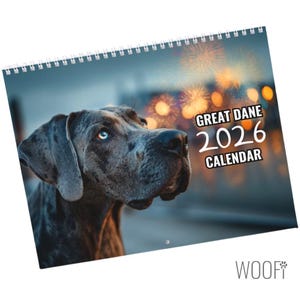 Great Dane Dog-kalender 2026: opties voor desktop- en wandkalender, ondersteunt schuilplaatsen