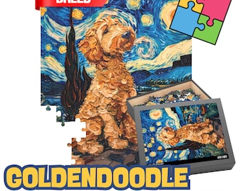 May include: A jigsaw puzzle featuring a Golden Doodle dog in a Starry Night-inspired painting. The puzzle is available in 120, 252, and 500 pieces.