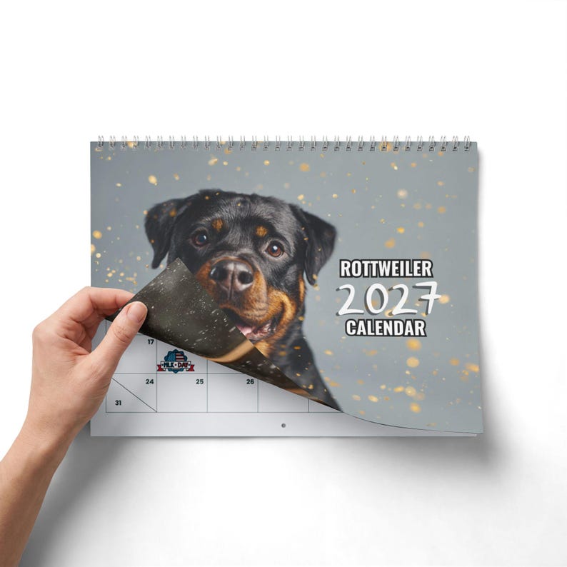 K&ouml;nnte beinhalten: Ein Rottweiler-Kalender f&uuml;r 2027 mit Spiralbindung am oberen Rand. Das Deckblatt zeigt das Portr&auml;t eines Rottweilers vor einem grauen Hintergrund mit goldenen Bokeh-Lichteffekten. Der Text lautet ROTTWEILER 2027 CALENDAR in Wei&szlig; und Schwarz.