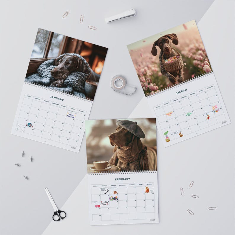 May include: Three wall calendar pages for January, February, and March featuring photographs of a brown dog. January shows the dog wrapped in a blanket, February shows the dog wearing a beret, and March shows the dog in a field with a basket.