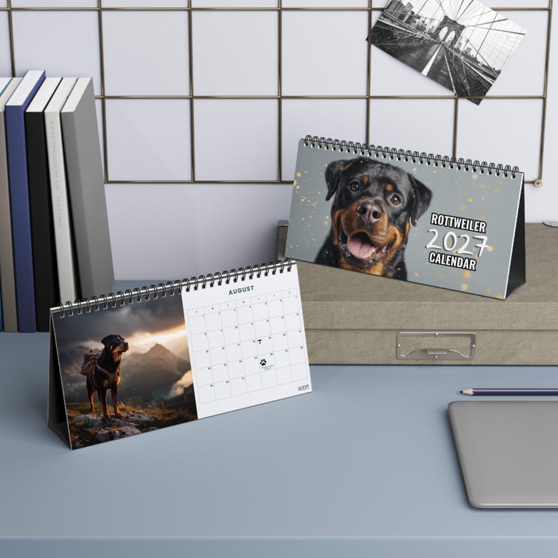 K&ouml;nnte beinhalten: Ein 2027 Rottweiler-Tischkalender mit Spiralbindung. Das Deckblatt zeigt ein Rottweiler-Portr&auml;t mit dem Text ROTTWEILER 2027 CALENDAR. Eine ge&ouml;ffnete Seite zeigt einen Rottweiler auf einem Berggipfel und ein Kalenderblatt f&uuml;r den Monat August.