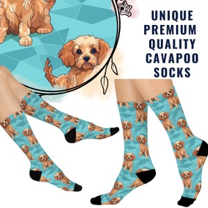 May include: A pair of socks with a light blue geometric pattern and illustrations of a Cavapoo dog. The socks have black heels and toes. The text "UNIQUE PREMIUM QUALITY CAVAPOO SOCKS" is visible in the image.
