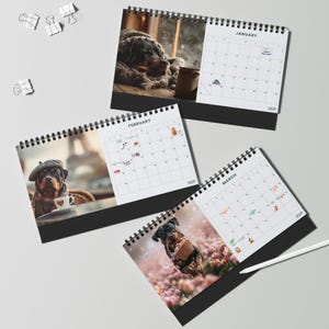 K&ouml;nnte beinhalten: Drei spiralgebundene Tischkalender mit Rottweiler-Fotografien f&uuml;r Januar, Februar und M&auml;rz. Jede Seite zeigt ein Monatsraster mit kleinen Symbolen und dem Monatsnamen oben. Ein wei&szlig;er Eingabestift liegt neben dem Kalender f&uuml;r M&auml;rz.