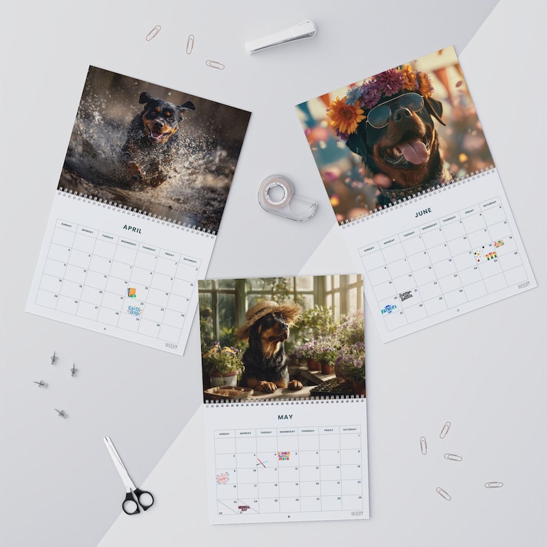 K&ouml;nnte beinhalten: Drei spiralgebundene Wandkalender mit Rottweiler-Hunden. Das April-Blatt zeigt einen Hund beim Planschen im Wasser, Mai einen Hund in einem Gew&auml;chshaus mit Strohhut und Juni einen Hund mit Sonnenbrille und einem bunten Blumenkranz.