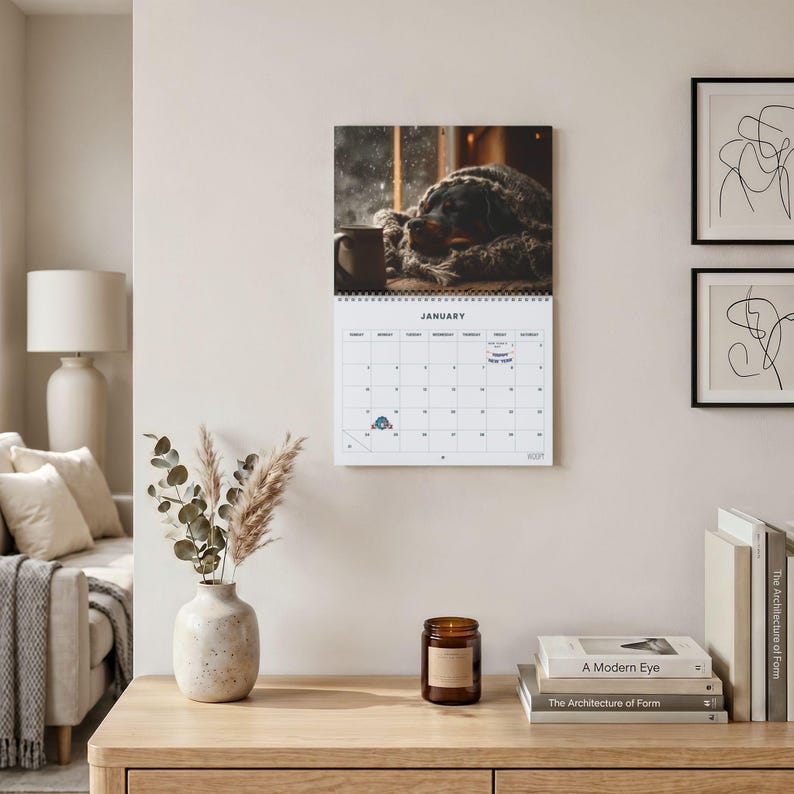 K&ouml;nnte beinhalten: Ein Wandkalender f&uuml;r Januar mit einem Foto eines schwarz-braunen Hundes, der auf einer strukturierten Decke neben einer Tasse ruht. Das Kalenderraster zeigt den Monatsnamen, die Wochentage und nummerierte Daten mit kleinen Symbolen.