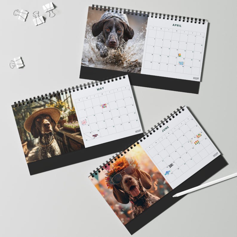 May include: Three spiral-bound desk calendars featuring dog photography. The April page shows a dog splashing in water, May features a dog in a straw hat, and June displays a dog wearing sunglasses and a flower crown. Each page includes a monthly grid.