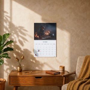 K&ouml;nnte beinhalten: Ein Wandkalender f&uuml;r den Monat Oktober mit einem dunklen, atmosph&auml;rischen Bild eines Hundes mit Hexenhut, der neben einem Kessel und brennenden Kerzen sitzt. Das Kalenderraster darunter zeigt den Monatsnamen und die Tage in schwarzer Schrift.