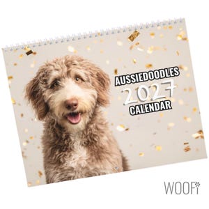 Aussiedoodle-hondenkalender 2027: opties voor desktop- en wandkalender, ondersteunt schuilplaatsen