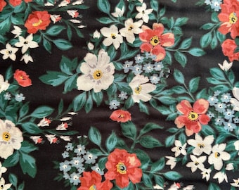 Summer Flowers Black Rayon Challis, For Dresses or Tops or Skirts