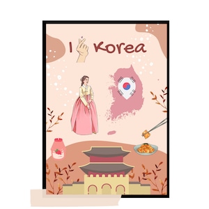 I love Korea digital poster Hanbok flag palace pink digital download jpeg png pdf retro vintage