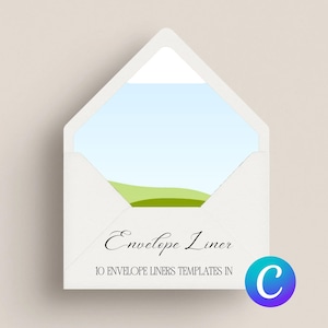 Pode incluir: Modelo de forro de envelope branco com uma cena de paisagem de colinas verdes e céu azul. O texto "Envelope Liner" está escrito em um script elegante, com o texto "10 Envelope Liners Templates in" abaixo. Um logotipo do Canva está no canto inferior direito.