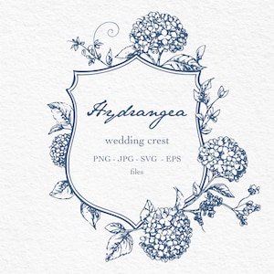 Pode incluir: Um design de brasão de casamento floral azul marinho com a palavra "Hydrangea" em escrita cursiva. O brasão é rodeado por flores e folhagens de hortênsia detalhadas. O texto abaixo diz "brasão de casamento" e opções de tipo de arquivo.