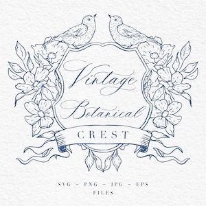 Hand Draw Wedding Crest SVG, Botanical Crest SVG , Vintage Crest PNG, Wedding Design Files, Crests Bundle, Editable in Canva
