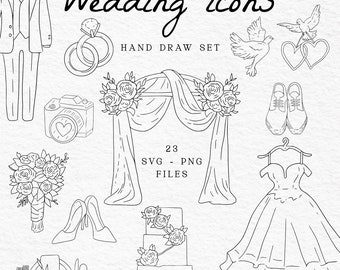 Puede incluir: Un conjunto de 23 iconos de boda dibujados a mano en blanco y negro. Los iconos incluyen un vestido de novia, un traje, un pastel de boda, un ramo de flores, un arco de boda, un par de zapatos, una cámara, un par de anillos, un par de palomas y un lazo.