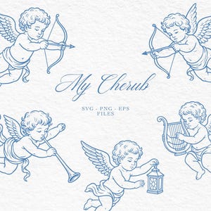 Hand-drawn cherub clipart set – Thin line angel illustrations, Cherub crest design, Baptism art, Wedding cherubs, Instant download