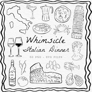 50 Whimsicle Italian Dinner, Hand Drawn Doodle Wedding Icon Bundle, Whimsicle Wedding Icons SVG, Editable in Canva, Dinner Clipart SVG