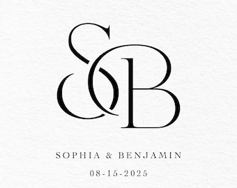 May include: A black and white monogram featuring the letters "S" and "B" intertwined. The text "Sophia & Benjamin" and the date "08-15-2025" are positioned below the monogram.
