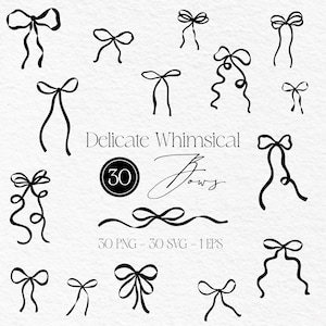 Hand Draw Whimsicle Black Bows, Delicate Bows, Wedding Bow Illustrations, Minimal Bows Clipart, Bows Digital Download, Vintage Bows, Bow SVG